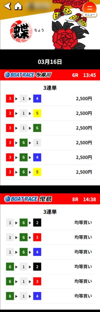 花舟の蝶買い目