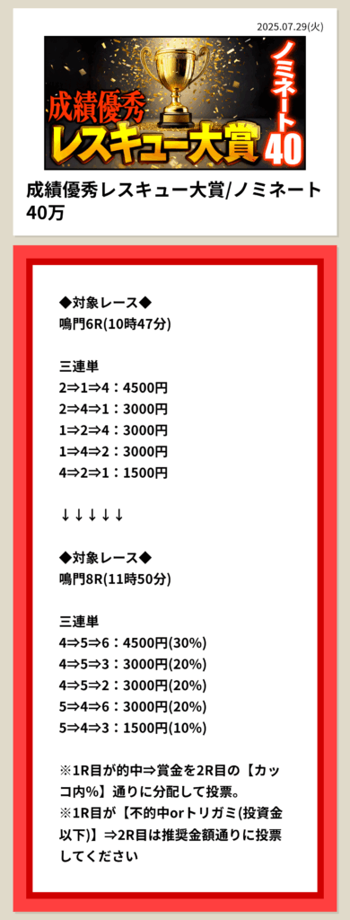 ボートレスキュー - 成績優秀レスキュー大賞ノミネート40買い目