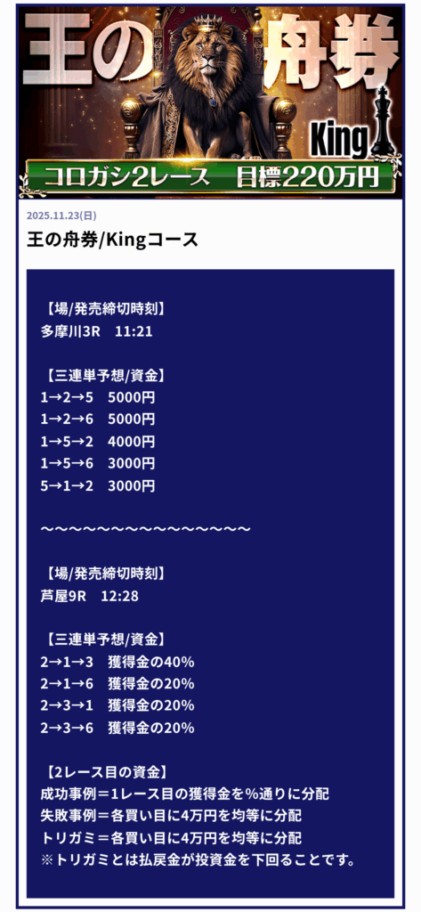 ボートキングの王の舟券／Kingコース買い目