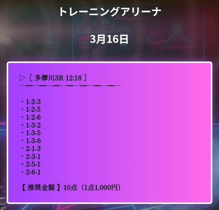 NEO KYOTEI(ネオ競艇)のトレーニングアリーナの買い目