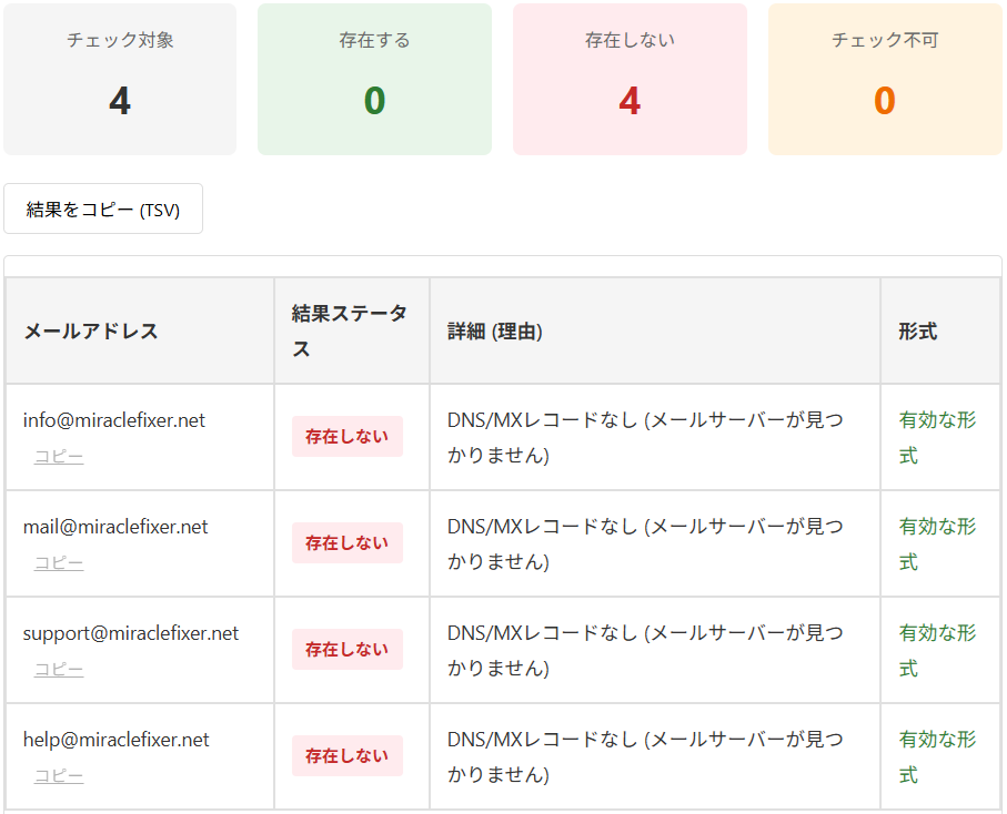 フィクサーのメールアドレスチェック